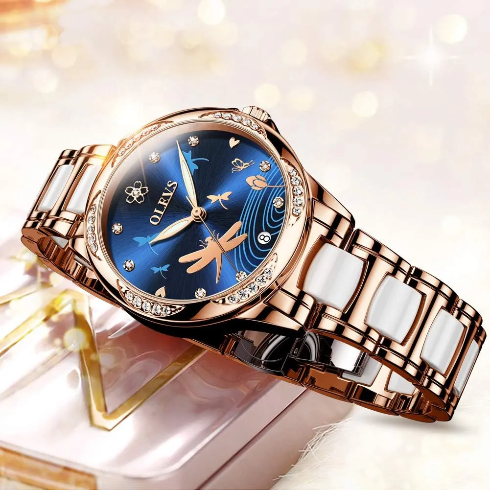 OLEVS Watches for Women Automatic Mechanical Self Winding Rose Gold Ladies Watch Diamond Dress Ceramic Bracelet Waterproof Female Wrist Watch