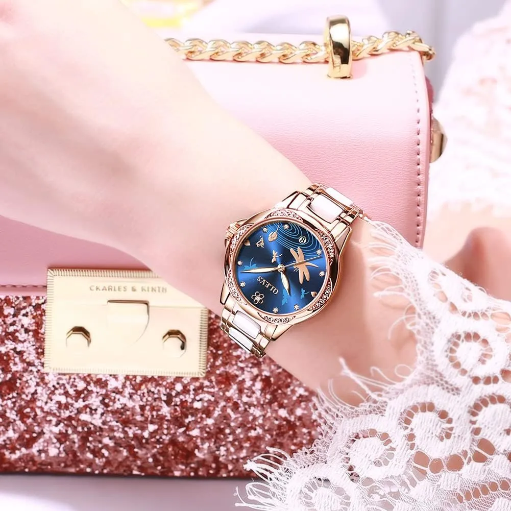 OLEVS Watches for Women Automatic Mechanical Self Winding Rose Gold Ladies Watch Diamond Dress Ceramic Bracelet Waterproof Female Wrist Watch