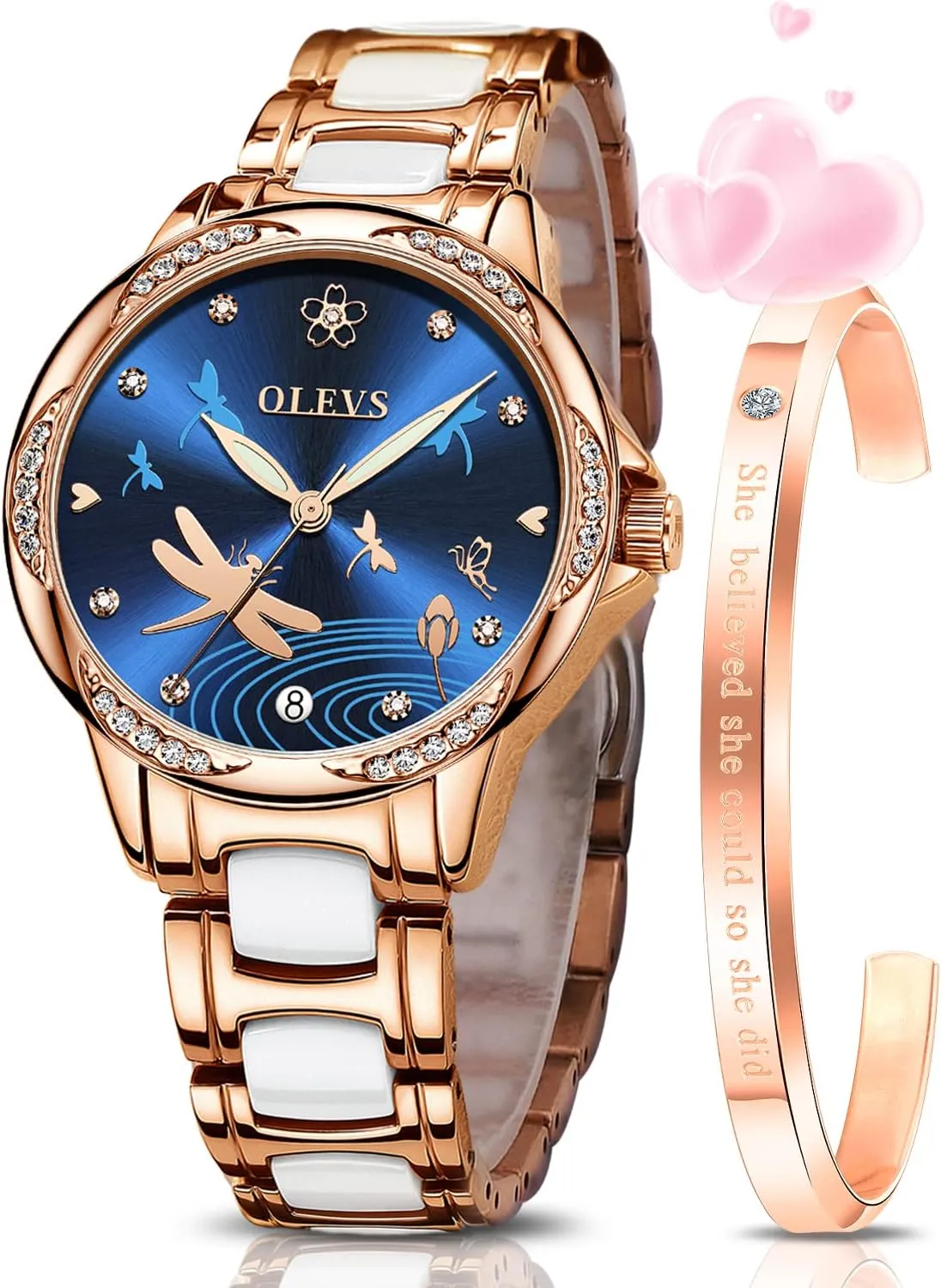 OLEVS Watches for Women Automatic Mechanical Self Winding Rose Gold Ladies Watch Diamond Dress Ceramic Bracelet Waterproof Female Wrist Watch