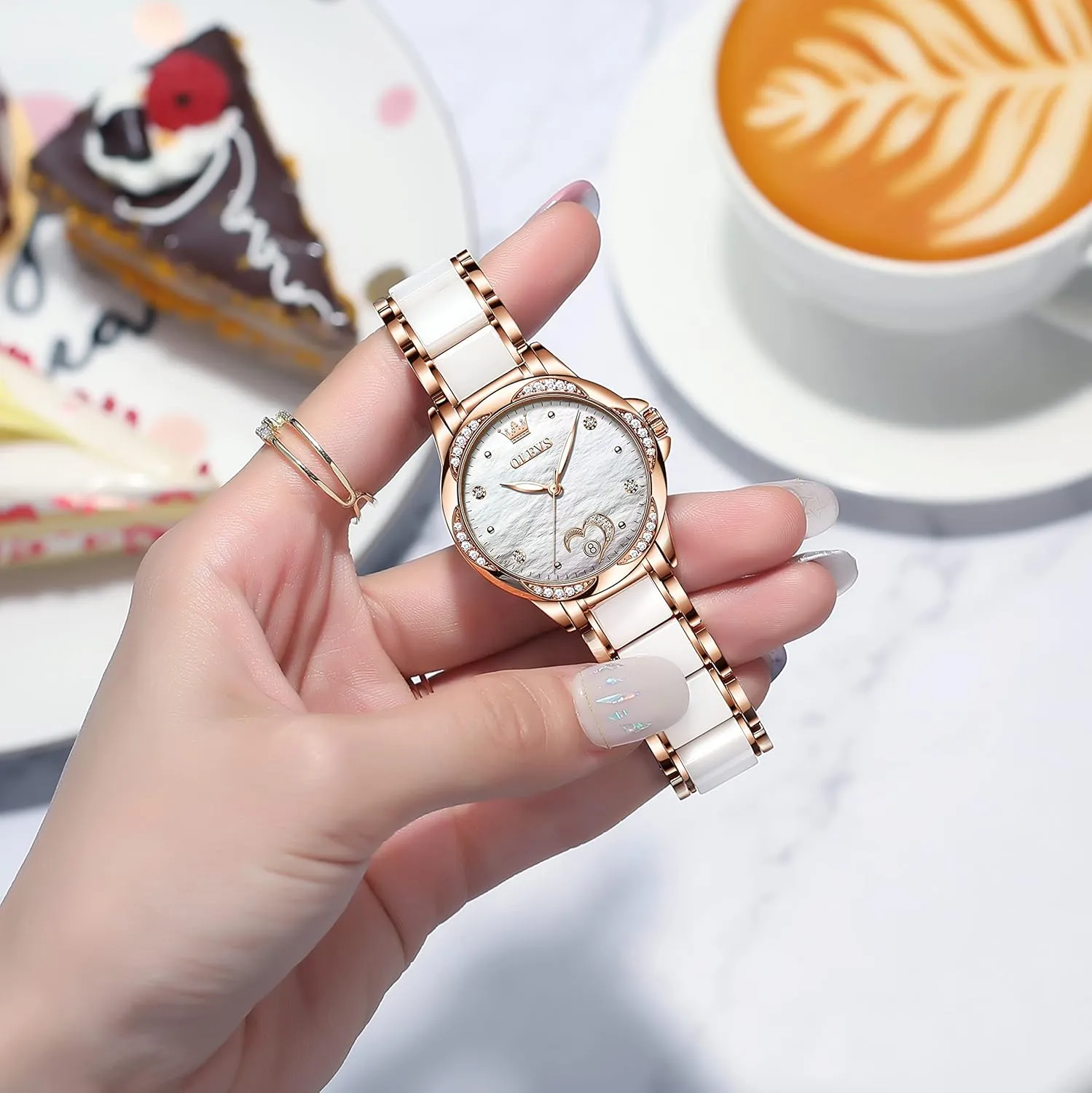 OLEVS Womens Automatic Watch, Premium Large Face Diamond Accented Self Winding Watches for Women, Fashion Waterproof Ladies Dress Watch, Two Tone Stainless Steel Ceramic Bracelet