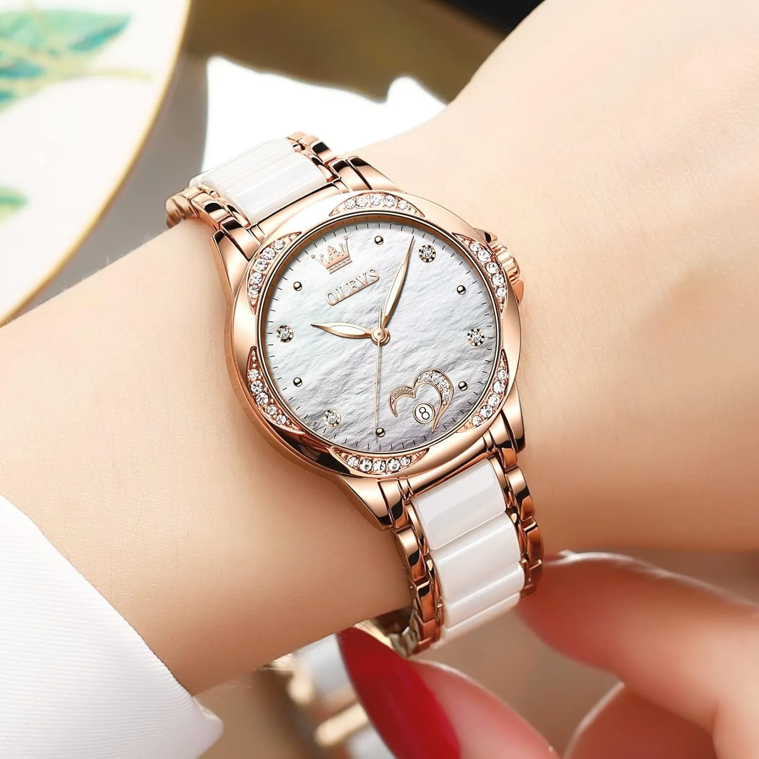 OLEVS Womens Automatic Watch, Premium Large Face Diamond Accented Self Winding Watches for Women, Fashion Waterproof Ladies Dress Watch, Two Tone Stainless Steel Ceramic Bracelet