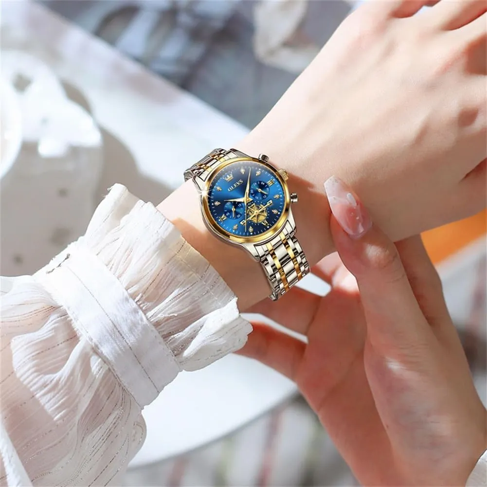 OLEVS Womens Watches Chronograph Luxury Diamond Dress Quartz Wrist Watches Stainless Steel Waterproof Luminous