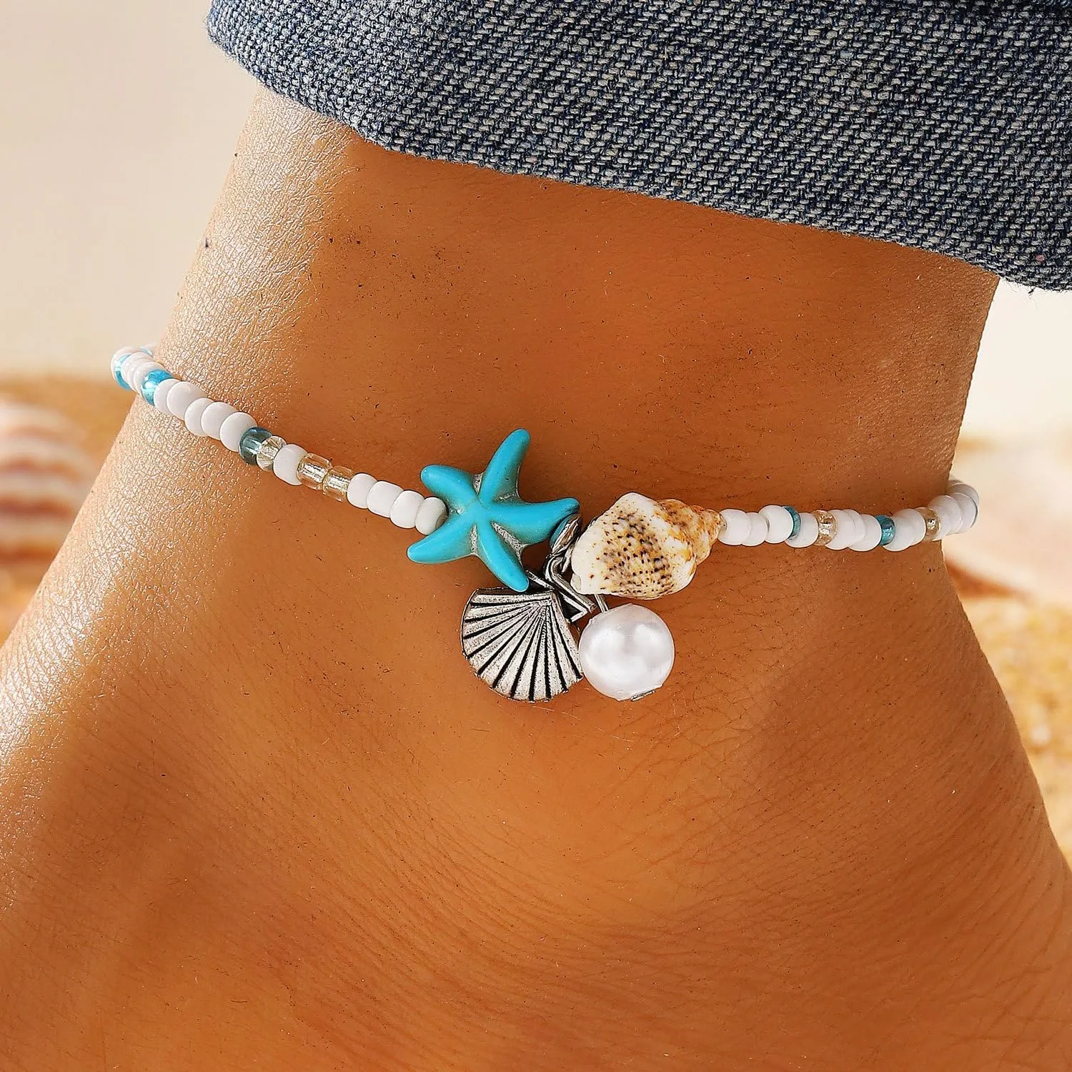 Otxas Ankle Bracelet for Women Waterproof Layered Beaded Anklet Elastic Ankle Bracelet Heart Ankle Bracelet for Women Summer Beach Foot Jewelry Stretch Ankle Bracelets