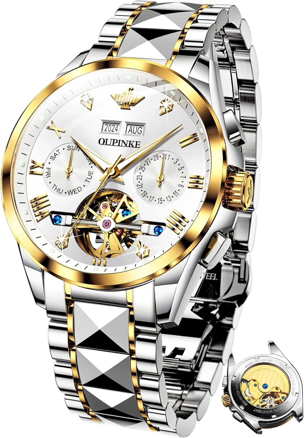OUPINKE Mens Automatic Watch Diamond Skeleton Mechanical Self Winding Luxury Dress Wrist Watch Sapphire Crystal Tungsten