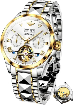 OUPINKE Mens Automatic Watch Diamond Skeleton Mechanical Self Winding Luxury Dress Wrist Watch Sapphire Crystal Tungsten