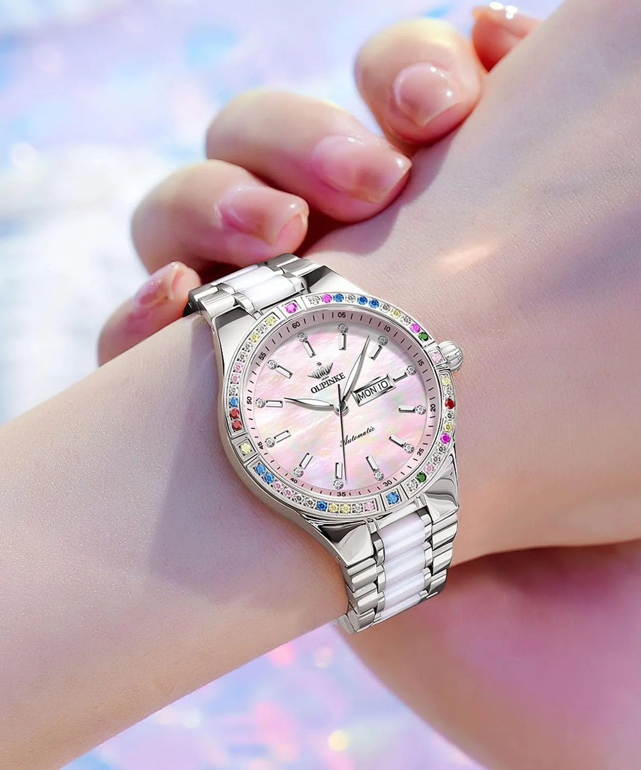 OUPINKE Women Automatic Watches Colorful Diamond Elegant Luxury Dress Ladies Rose Gold Mechanical Sapphire Crystal Wrist Watch