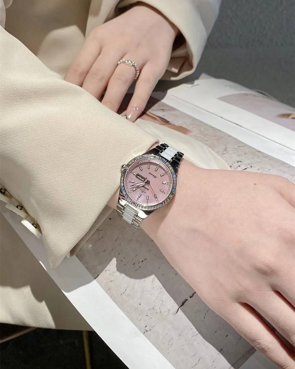 OUPINKE Women Automatic Watches Colorful Diamond Elegant Luxury Dress Ladies Rose Gold Mechanical Sapphire Crystal Wrist Watch
