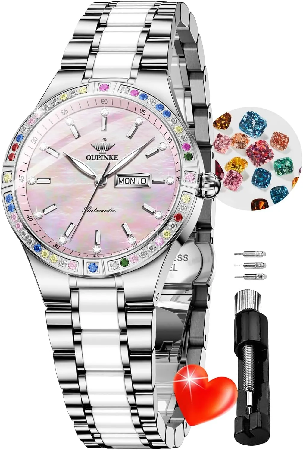 OUPINKE Women Automatic Watches Colorful Diamond Elegant Luxury Dress Ladies Rose Gold Mechanical Sapphire Crystal Wrist Watch