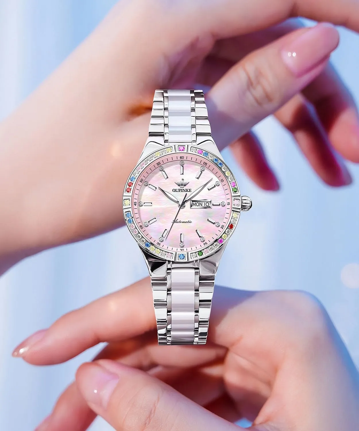OUPINKE Women Automatic Watches Colorful Diamond Elegant Luxury Dress Ladies Rose Gold Mechanical Sapphire Crystal Wrist Watch
