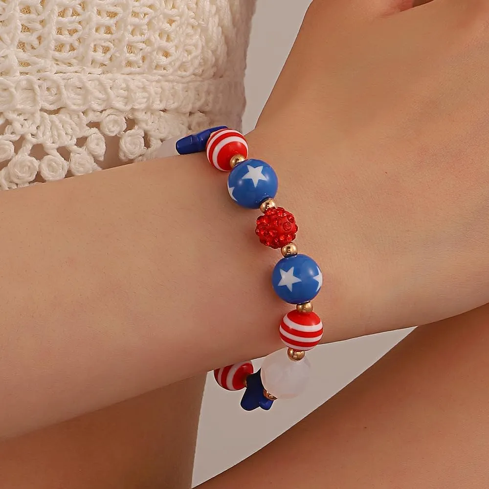 Pingyongchang 4th of July Bracelets for Women Men American Red White Blue Beadeds Stretch Bracelet Patriotic Holiday Party Independence Day Jewelry Gifts