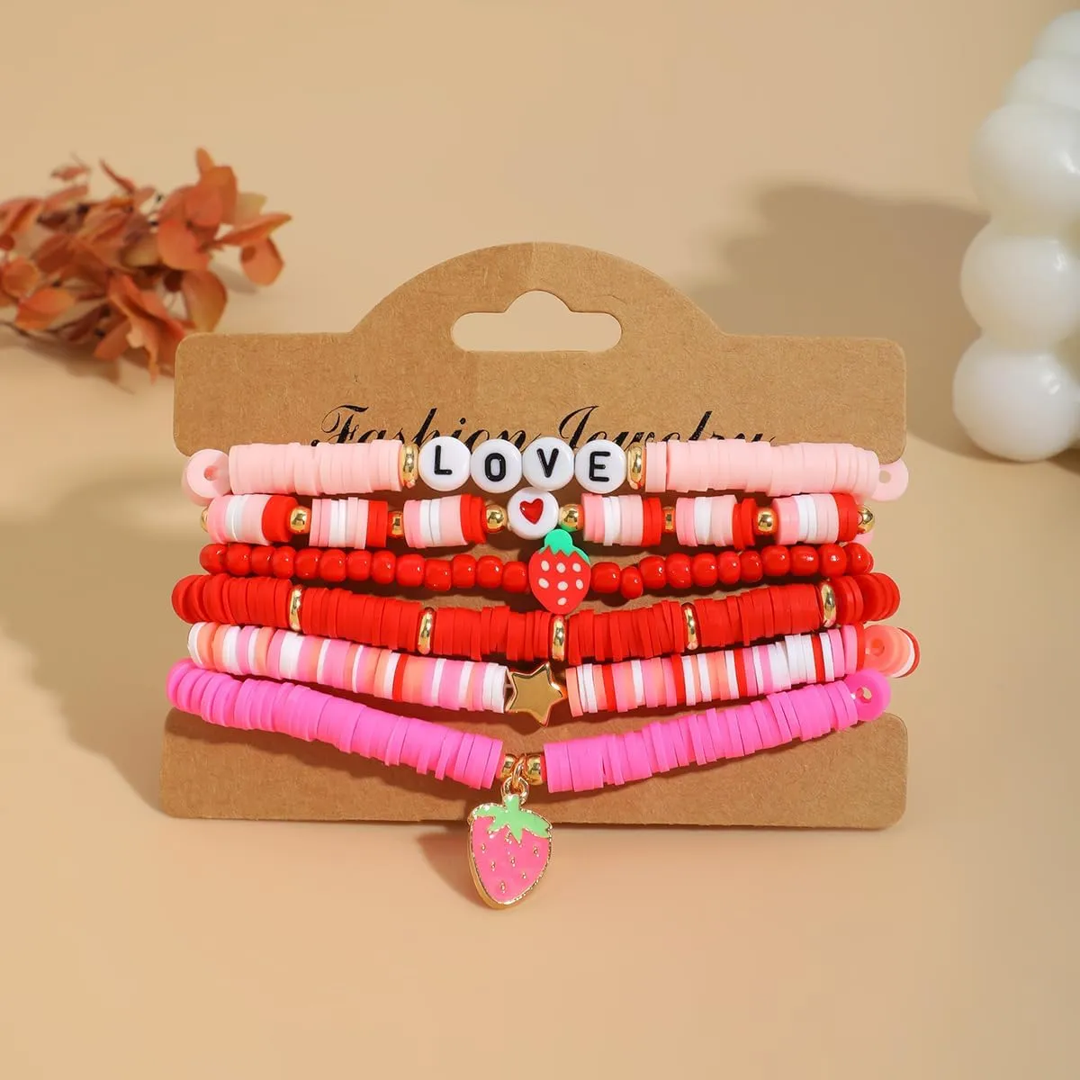 Pingyongchang Surfer Heishi Clay Strawberry Bracelets Set for Women Men Bohemian Stackable Gold Beaded Vinyl Disc Elastic Stretch Bracelet Resin Friendship Summer Beach Birthday Jewelry