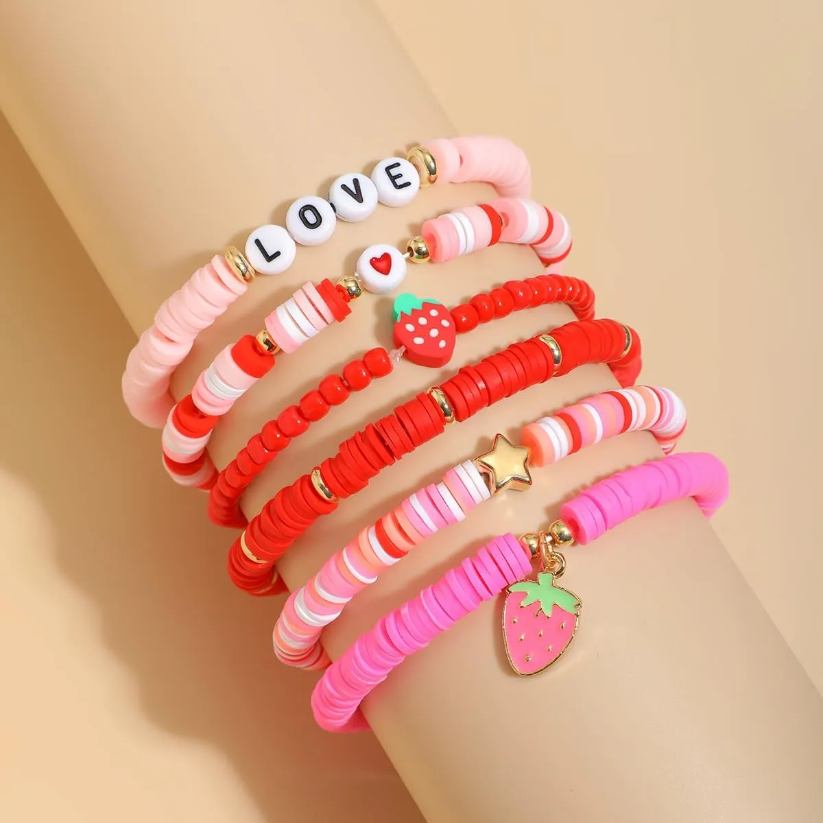 Pingyongchang Surfer Heishi Clay Strawberry Bracelets Set for Women Men Bohemian Stackable Gold Beaded Vinyl Disc Elastic Stretch Bracelet Resin Friendship Summer Beach Birthday Jewelry