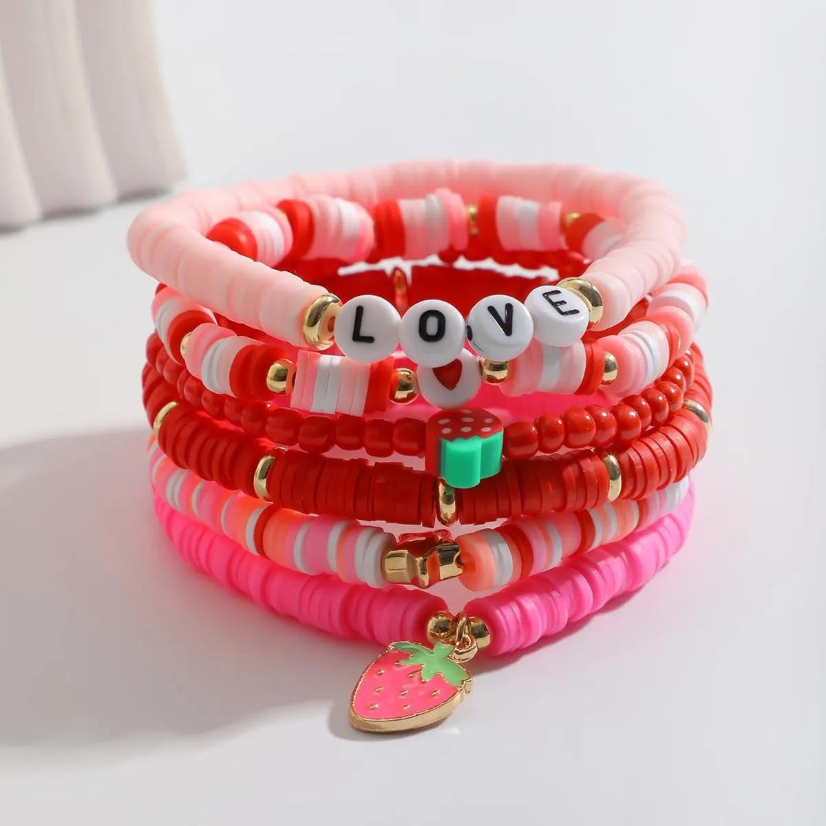Pingyongchang Surfer Heishi Clay Strawberry Bracelets Set for Women Men Bohemian Stackable Gold Beaded Vinyl Disc Elastic Stretch Bracelet Resin Friendship Summer Beach Birthday Jewelry