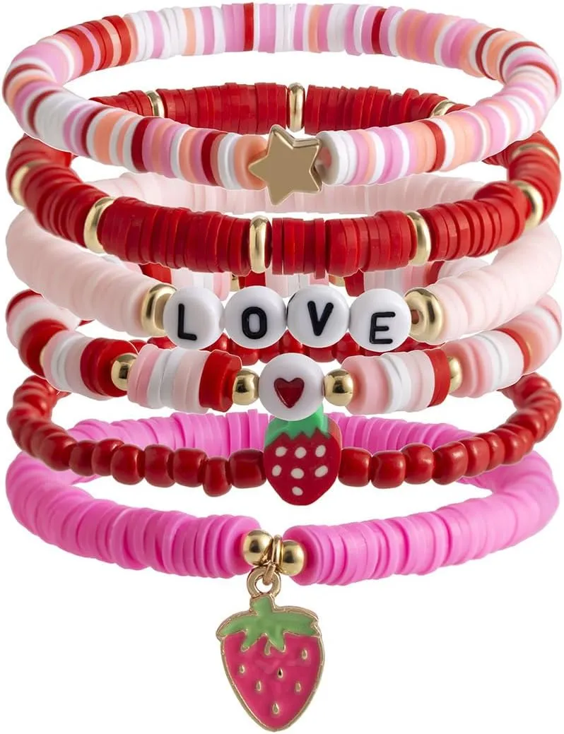 Pingyongchang Surfer Heishi Clay Strawberry Bracelets Set for Women Men Bohemian Stackable Gold Beaded Vinyl Disc Elastic Stretch Bracelet Resin Friendship Summer Beach Birthday Jewelry