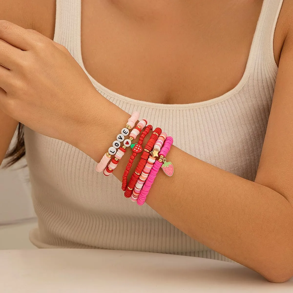 Pingyongchang Surfer Heishi Clay Strawberry Bracelets Set for Women Men Bohemian Stackable Gold Beaded Vinyl Disc Elastic Stretch Bracelet Resin Friendship Summer Beach Birthday Jewelry