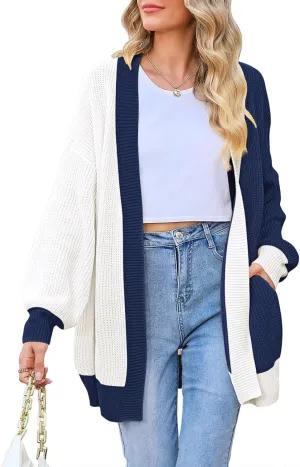 Pink Queen 2024 Fall Long Cardigans for Women Batwing Sleeve Open Front Ribbed Knit Oversized Cardigan Sweaters with Pockets