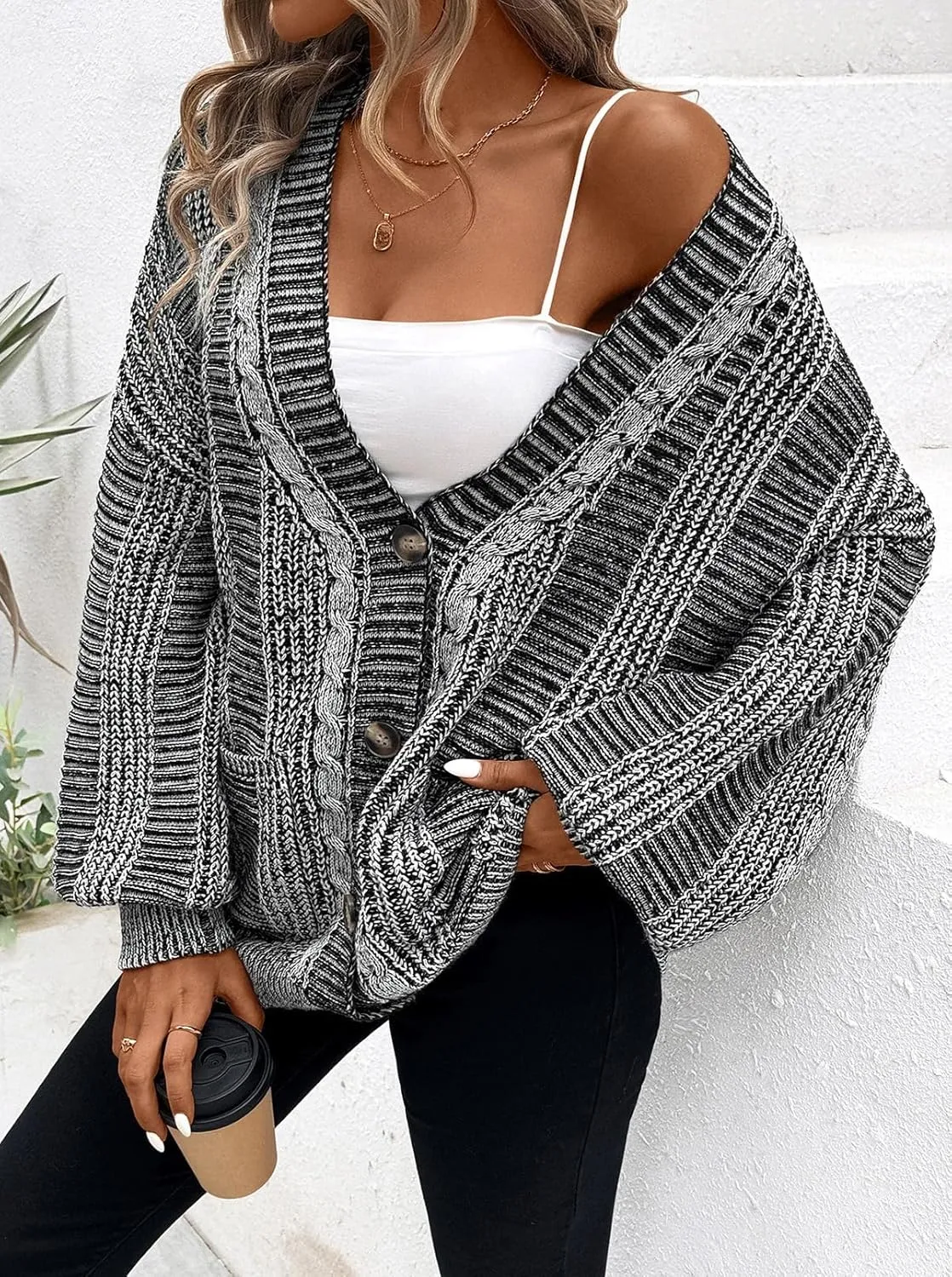 Pink Queen Women's 2024 Fall Winter Cardigan Sweater Long Sleeve Cable Knit Loose Outerwear Coat
