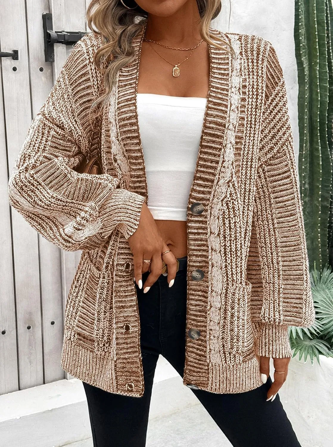 Pink Queen Women's 2024 Fall Winter Cardigan Sweater Long Sleeve Cable Knit Loose Outerwear Coat
