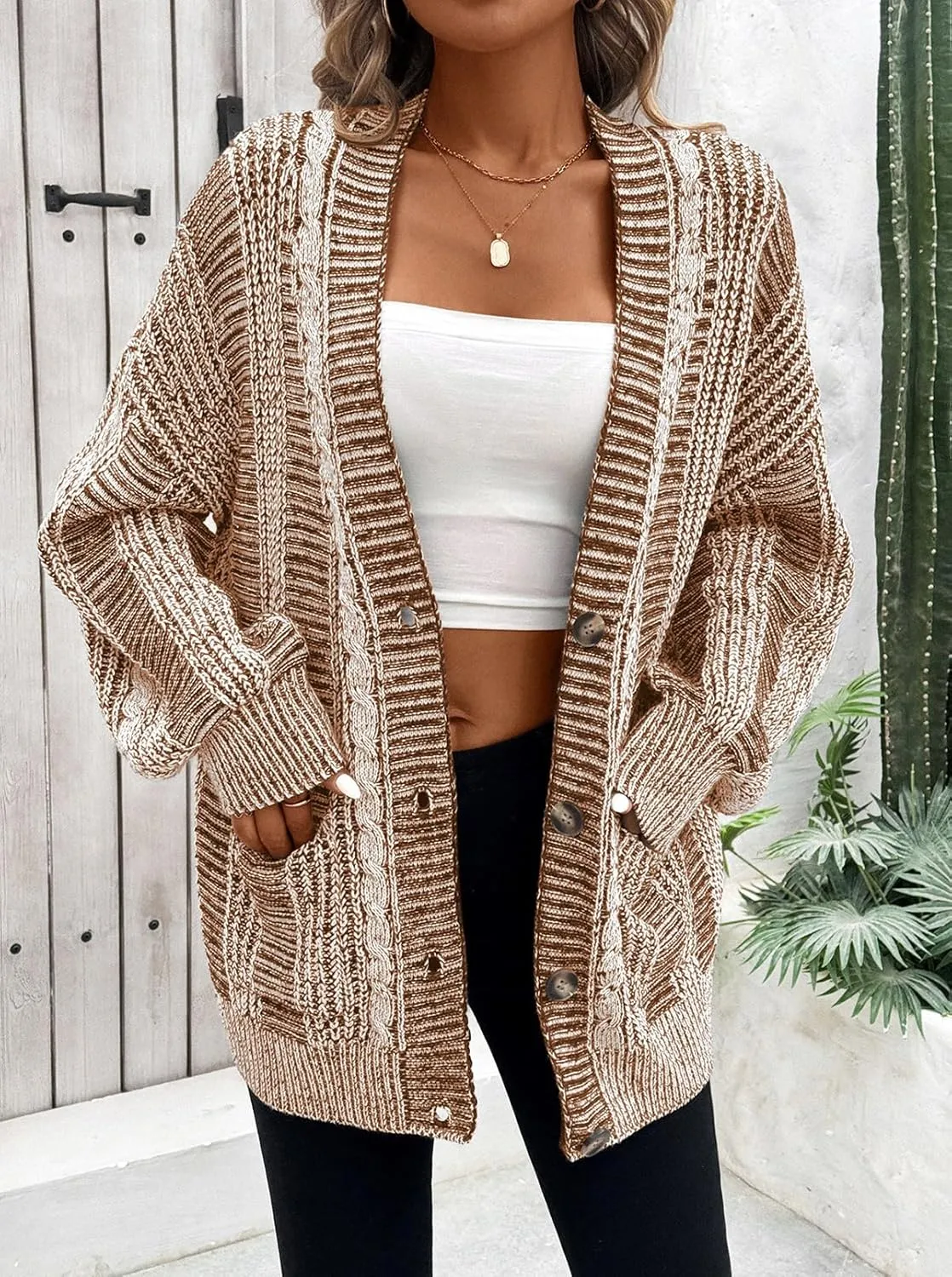 Pink Queen Women's 2024 Fall Winter Cardigan Sweater Long Sleeve Cable Knit Loose Outerwear Coat