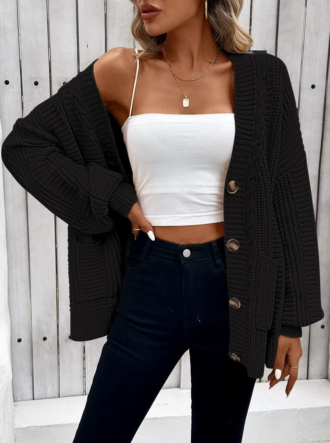 Pink Queen Women's 2024 Fall Winter Cardigan Sweater Long Sleeve Cable Knit Loose Outerwear Coat