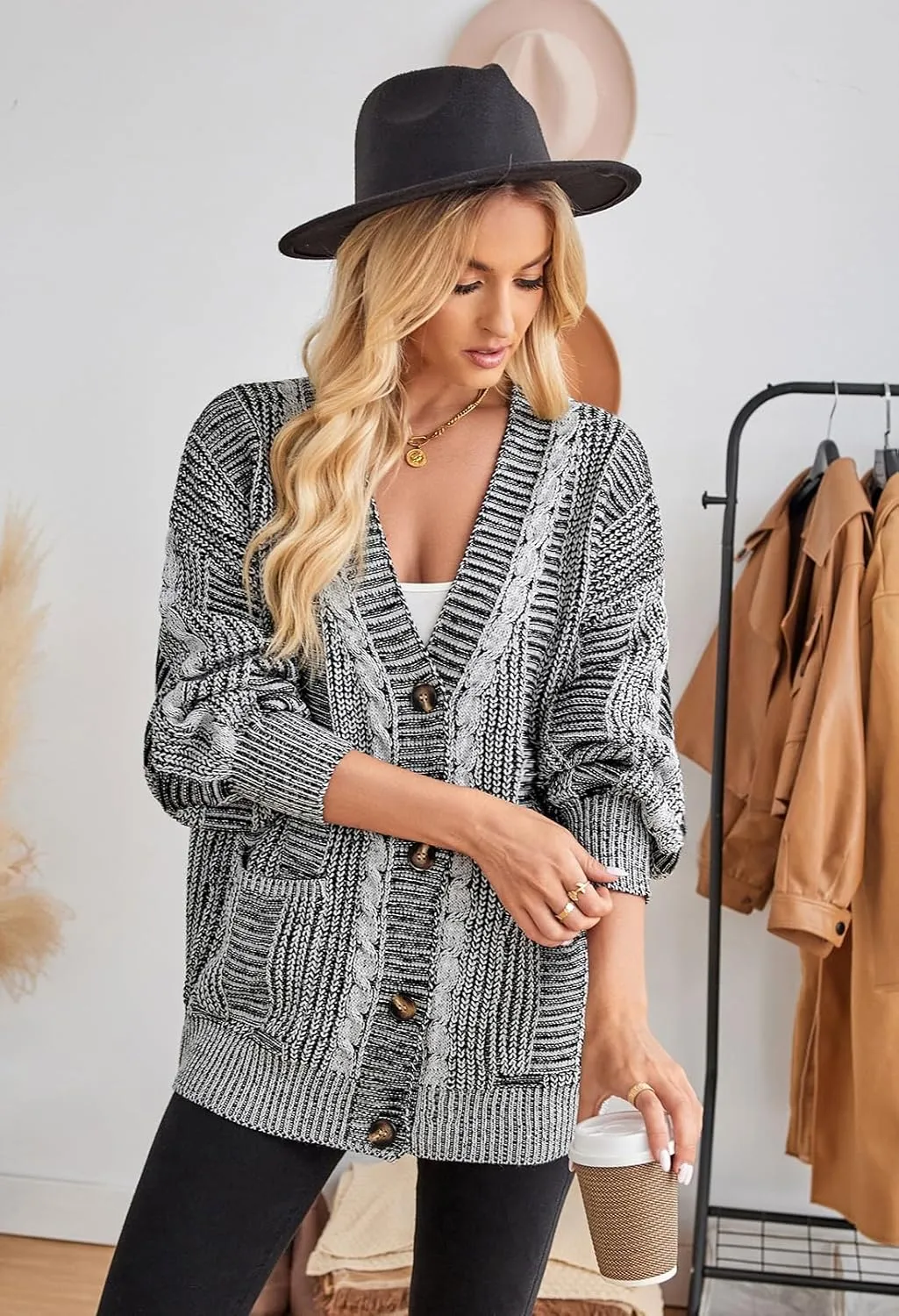 Pink Queen Women's 2024 Fall Winter Cardigan Sweater Long Sleeve Cable Knit Loose Outerwear Coat