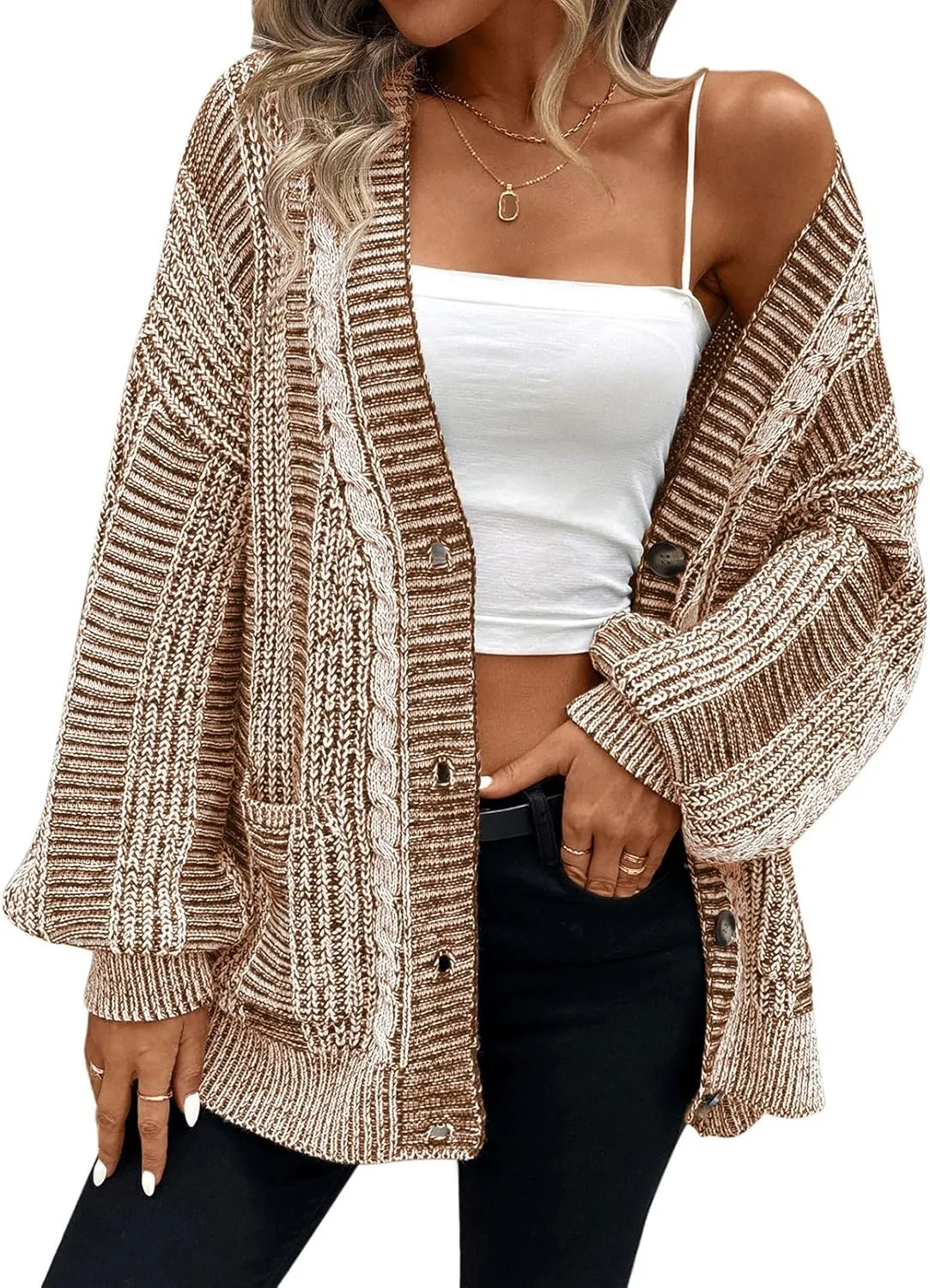 Pink Queen Women's 2024 Fall Winter Cardigan Sweater Long Sleeve Cable Knit Loose Outerwear Coat