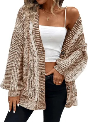 Pink Queen Women's 2024 Fall Winter Cardigan Sweater Long Sleeve Cable Knit Loose Outerwear Coat