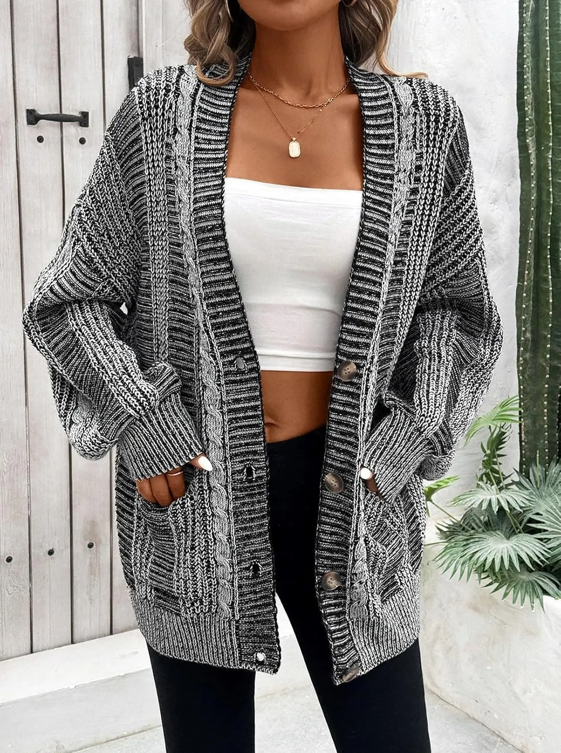Pink Queen Women's 2024 Fall Winter Cardigan Sweater Long Sleeve Cable Knit Loose Outerwear Coat