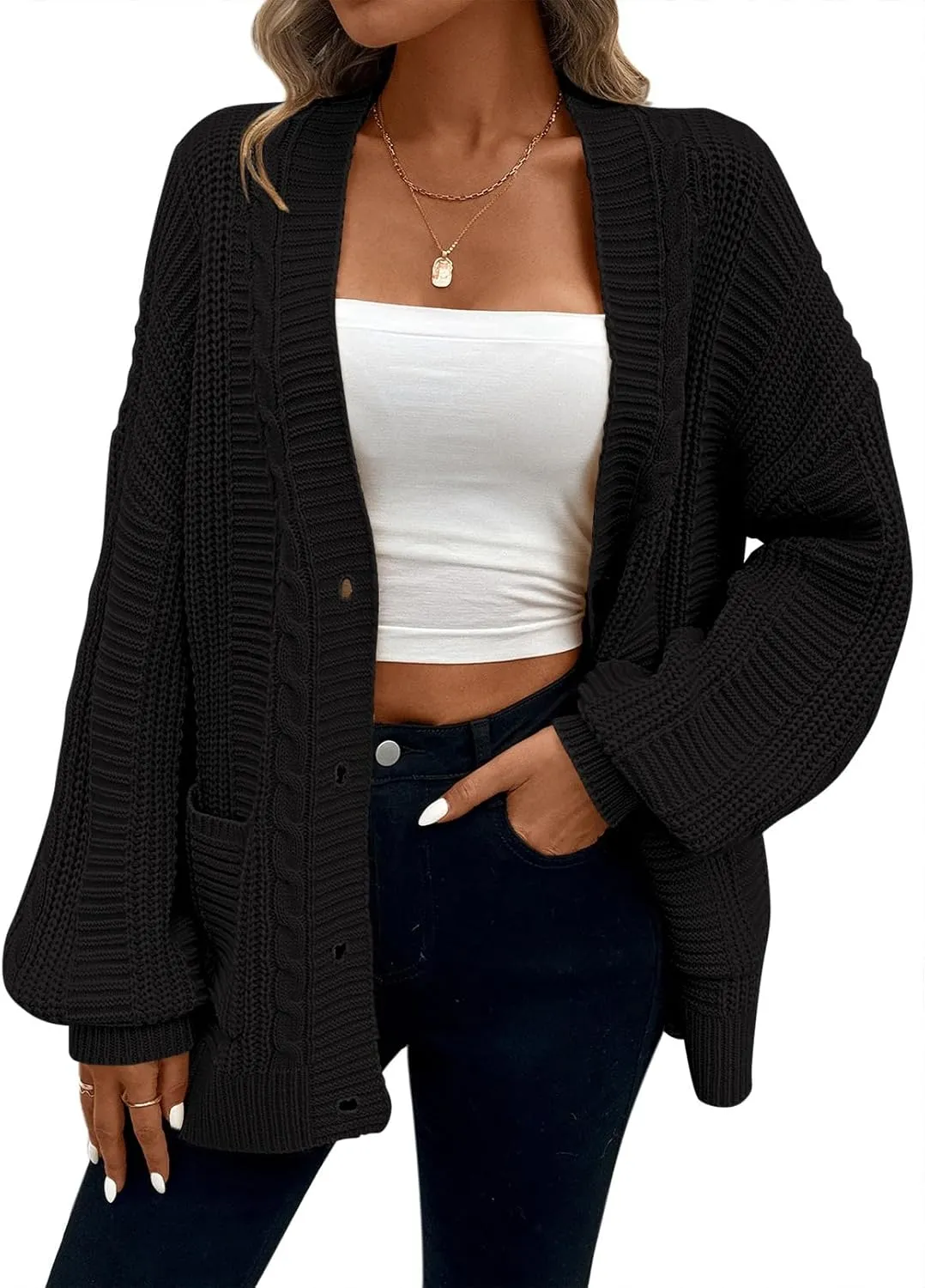 Pink Queen Women's 2024 Fall Winter Cardigan Sweater Long Sleeve Cable Knit Loose Outerwear Coat