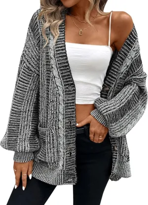 Pink Queen Women's 2024 Fall Winter Cardigan Sweater Long Sleeve Cable Knit Loose Outerwear Coat