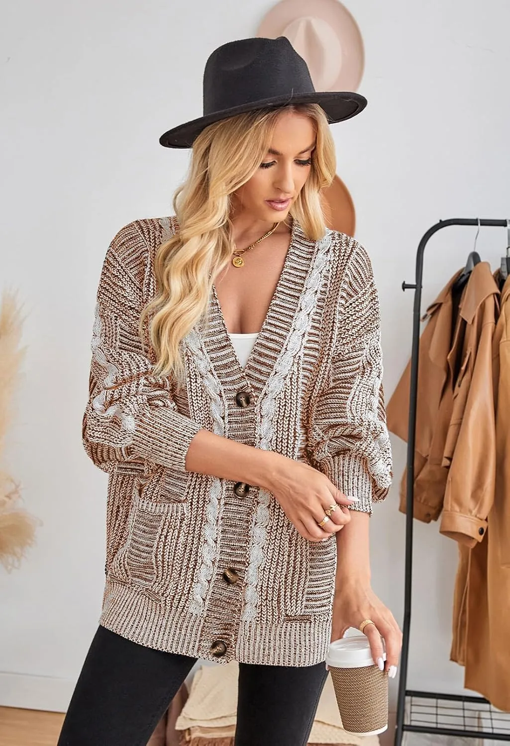 Pink Queen Women's 2024 Fall Winter Cardigan Sweater Long Sleeve Cable Knit Loose Outerwear Coat