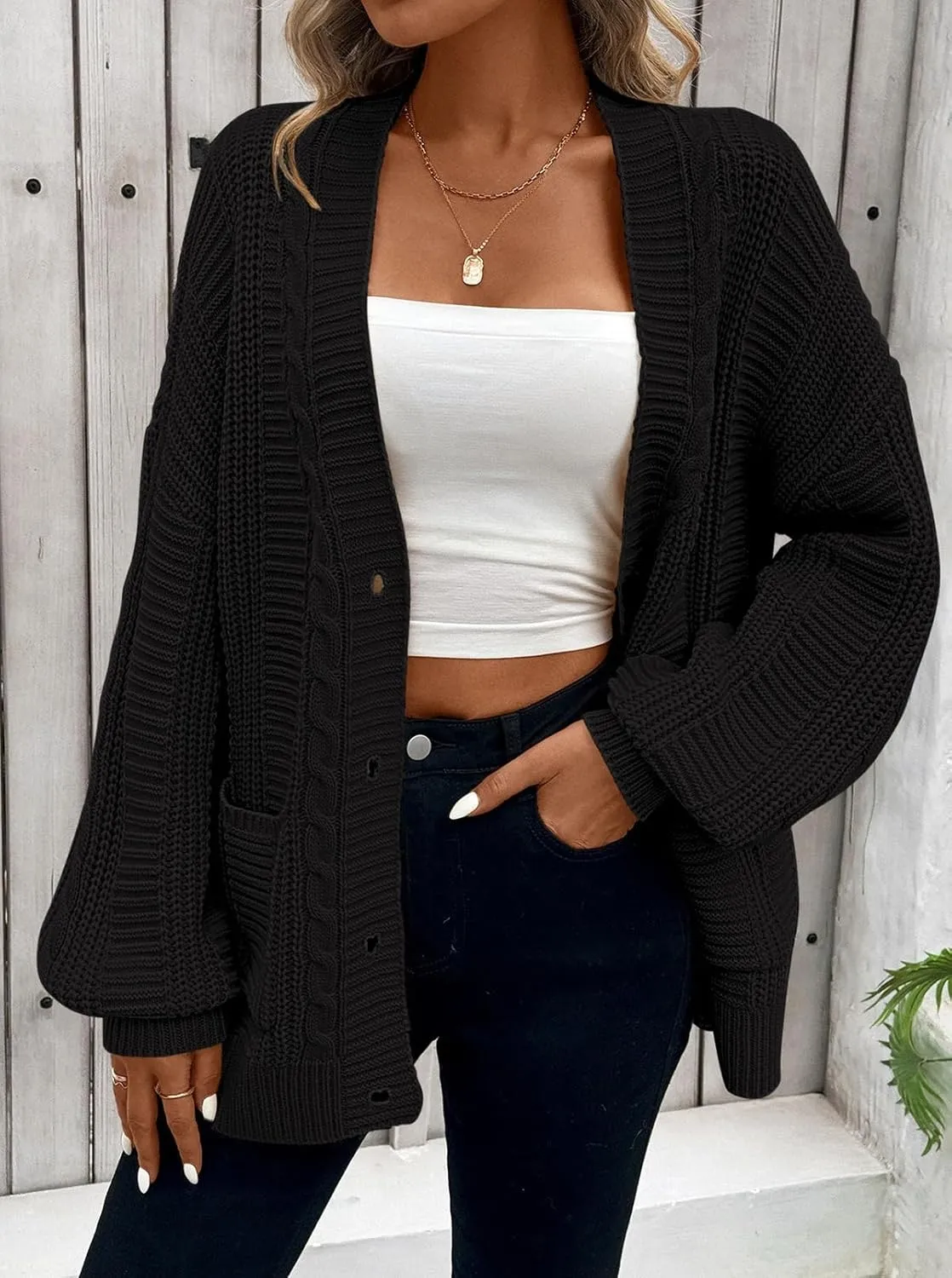 Pink Queen Women's 2024 Fall Winter Cardigan Sweater Long Sleeve Cable Knit Loose Outerwear Coat