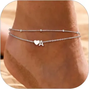 PROSILVER Ankle Bracelets for Women S925 Sterling Silver Anklets for Women Waterproof, Dainty Layered Heart Anklet, Beach Initial Anklet for Summer, Letter A-Z