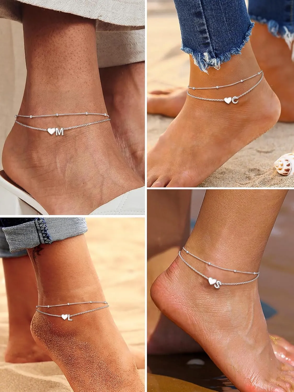 PROSILVER Ankle Bracelets for Women S925 Sterling Silver Anklets for Women Waterproof, Dainty Layered Heart Anklet, Beach Initial Anklet for Summer, Letter A-Z