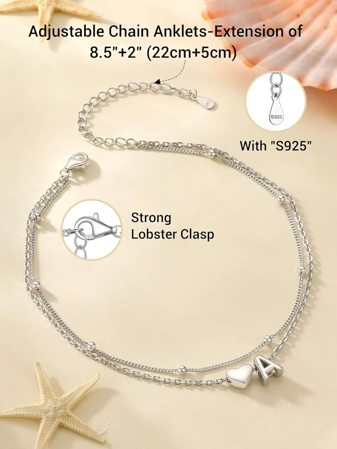 PROSILVER Ankle Bracelets for Women S925 Sterling Silver Anklets for Women Waterproof, Dainty Layered Heart Anklet, Beach Initial Anklet for Summer, Letter A-Z