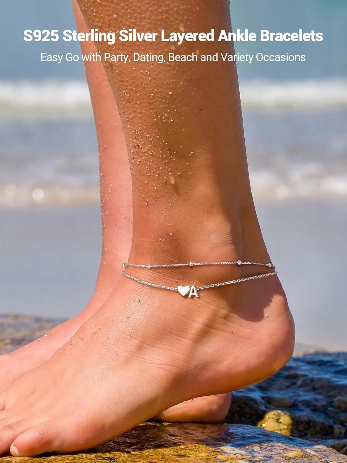 PROSILVER Ankle Bracelets for Women S925 Sterling Silver Anklets for Women Waterproof, Dainty Layered Heart Anklet, Beach Initial Anklet for Summer, Letter A-Z
