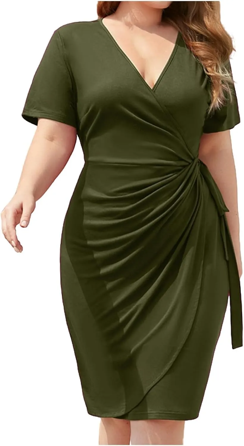 PTOLOCIF Plus Size Dresses for Curvy Women Wrap V Neck Midi Dresses Short Sleeve Ruched Bodycon Cocktail Party Dresses