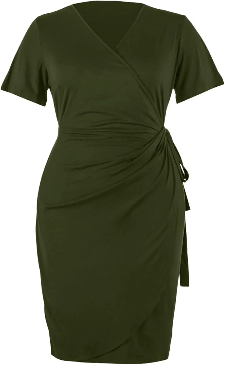 PTOLOCIF Plus Size Dresses for Curvy Women Wrap V Neck Midi Dresses Short Sleeve Ruched Bodycon Cocktail Party Dresses