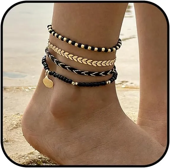 Puka Shell Starfish Anklets for Women Waterproof Layered Beachy Anklet Set Gold Charm Anklet Adjustable Handmade Beaded Foot Link Chain Boho Jewelry Set