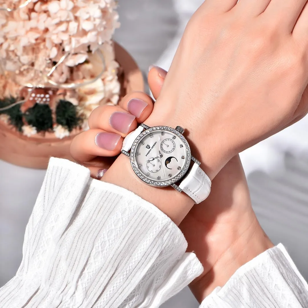 Quartz Women's Watches Luxury Leather Straps Waterproof Wrist Watch for Women, Ladies Wristwatch, Synthetic Sapphire, Auto Date, Moon Phase, Week Display