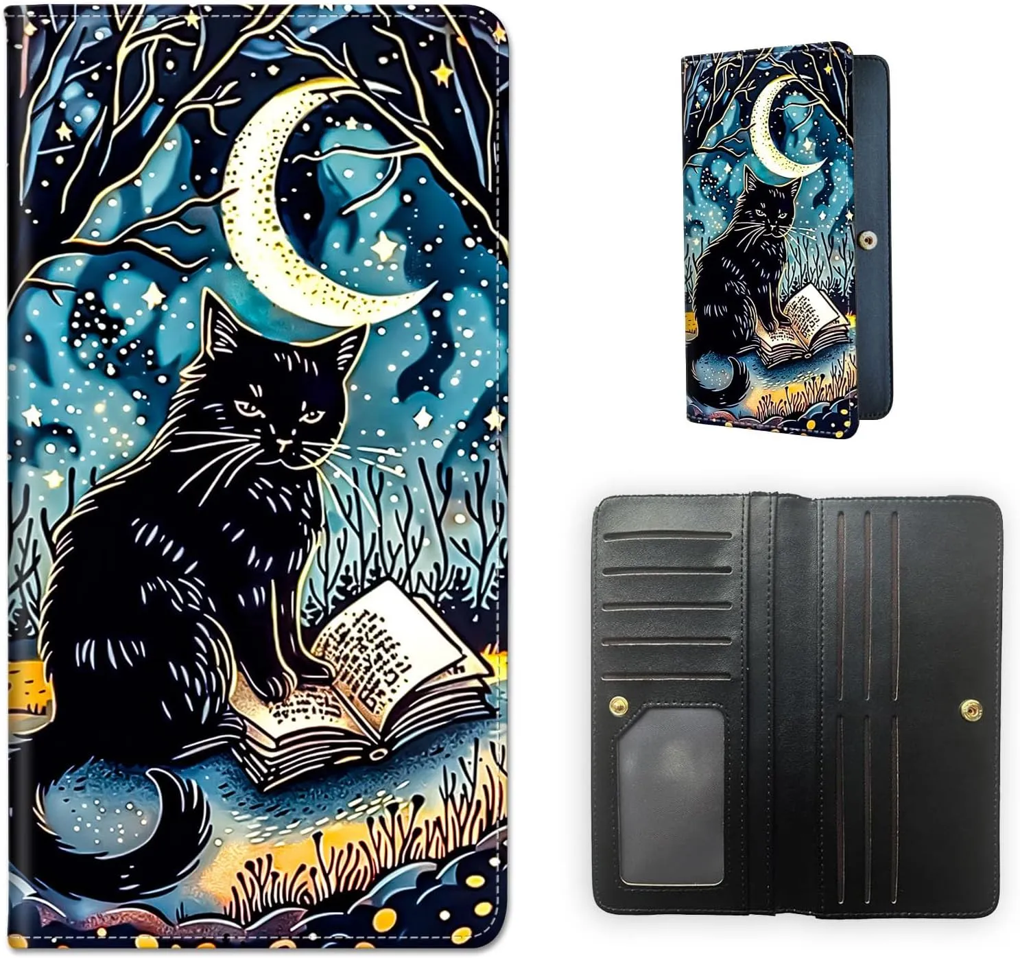 RFID Blocking Leather Wallet for Women and Men, Black Cat Reading Compact Bifold Credit Card Holder with RFID Protection, Small Ladies Slim Minimalist Wallet