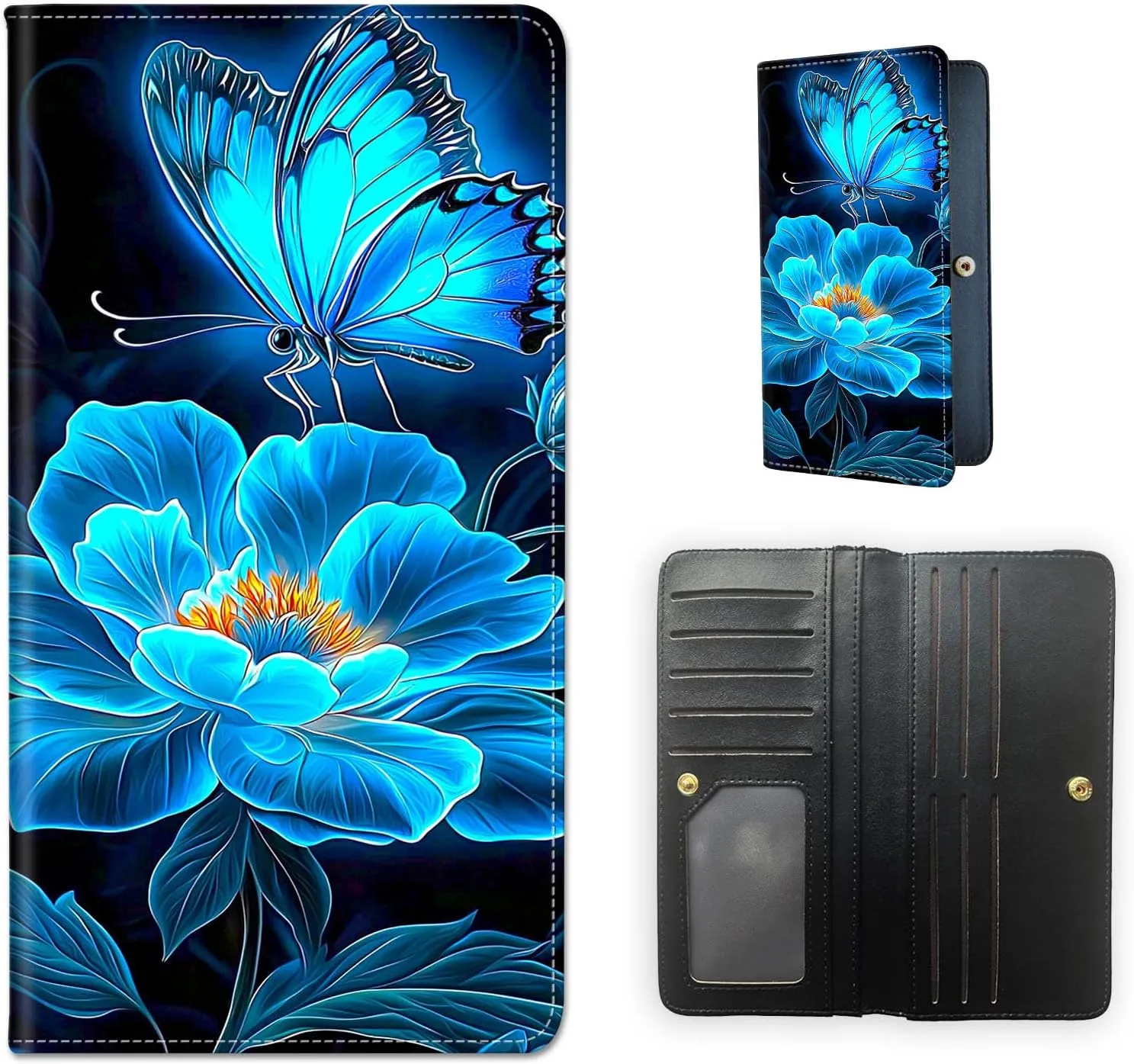 RFID Blocking Leather Wallet for Women and Men, Blue Butterfly Flower Compact Bifold Credit Card Holder with RFID Protection, Small Ladies Slim Minimalist Wallet
