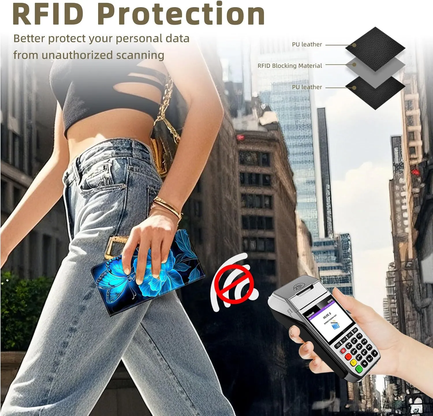 RFID Blocking Leather Wallet for Women and Men, Blue Butterfly Flower Compact Bifold Credit Card Holder with RFID Protection, Small Ladies Slim Minimalist Wallet