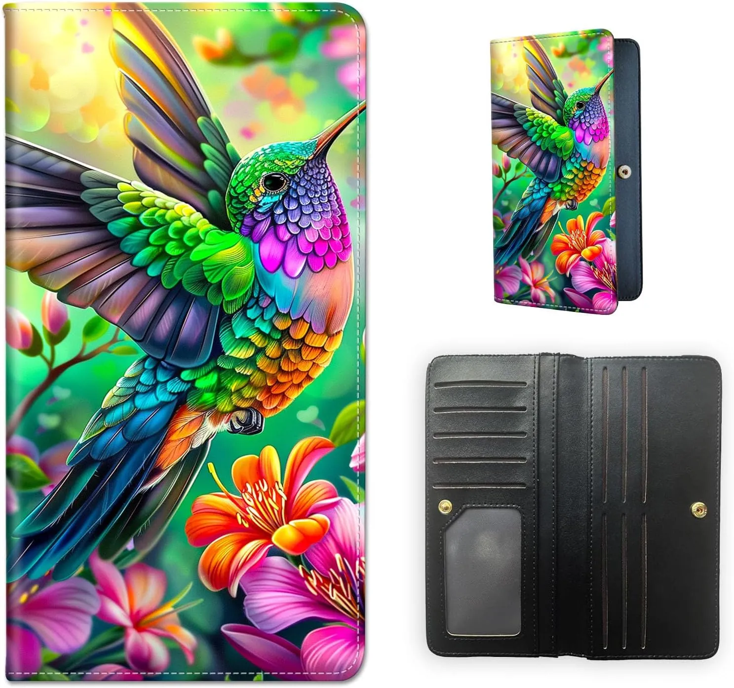 RFID Blocking Leather Wallet for Women and Men, Colorful Hummingbird and Flowers Compact Bifold Credit Card Holder with RFID Protection, Small Ladies Slim Minimalist Wallet