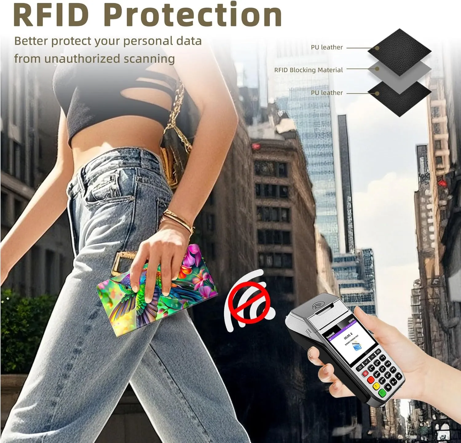 RFID Blocking Leather Wallet for Women and Men, Colorful Hummingbird and Flowers Compact Bifold Credit Card Holder with RFID Protection, Small Ladies Slim Minimalist Wallet