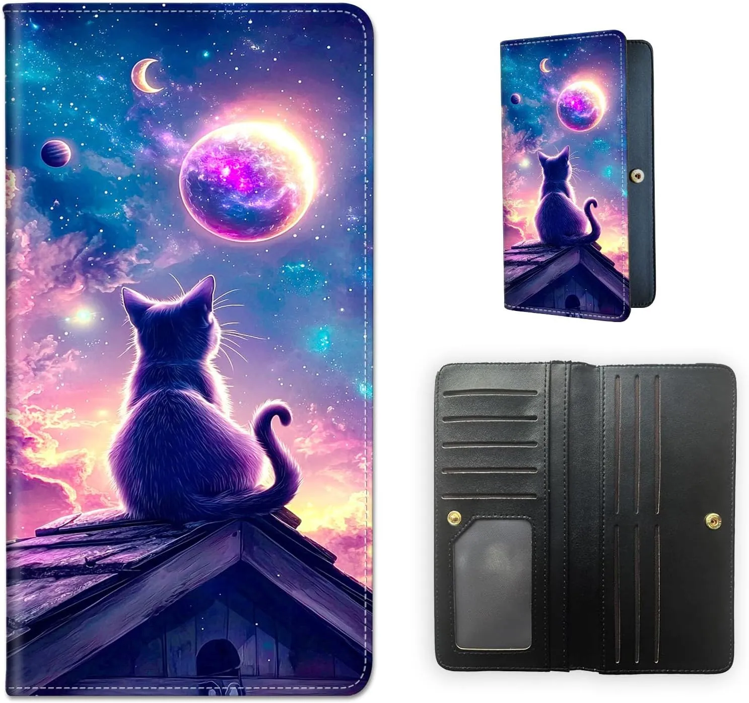RFID Blocking Leather Wallet for Women and Men, Cute Cat Watching Moon Compact Bifold Credit Card Holder with RFID Protection, Small Ladies Slim Minimalist Wallet