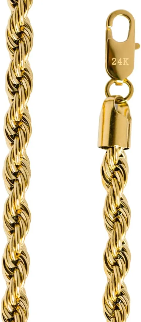 Rope Chain 7MM 24K Diamond Cut Jewelry Necklaces plated Clasp Made to Wear Alone/W Pendants Guaranteed For Life