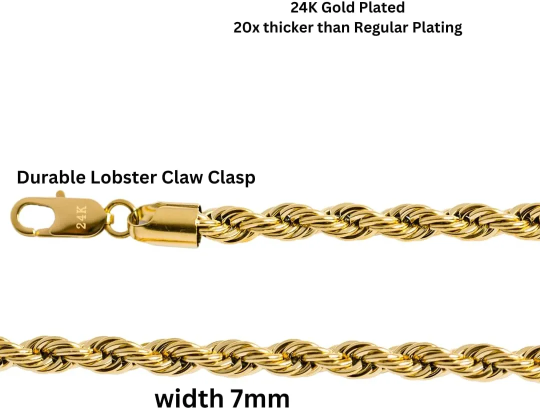 Rope Chain 7MM 24K Diamond Cut Jewelry Necklaces plated Clasp Made to Wear Alone/W Pendants Guaranteed For Life