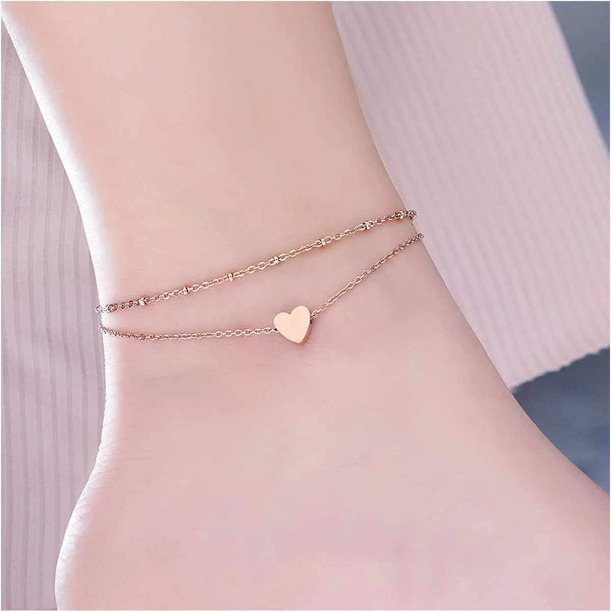 RoseGold Ankle Bracelets for Women - Adjustable Layered Anklets - Gold Plated Stainless Steel Link Foot Jewellery