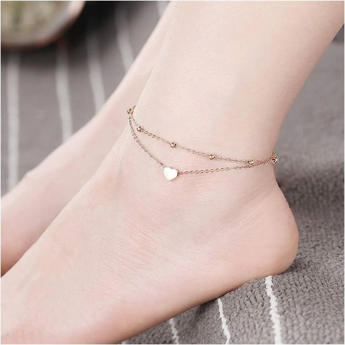 RoseGold Ankle Bracelets for Women - Adjustable Layered Anklets - Gold Plated Stainless Steel Link Foot Jewellery